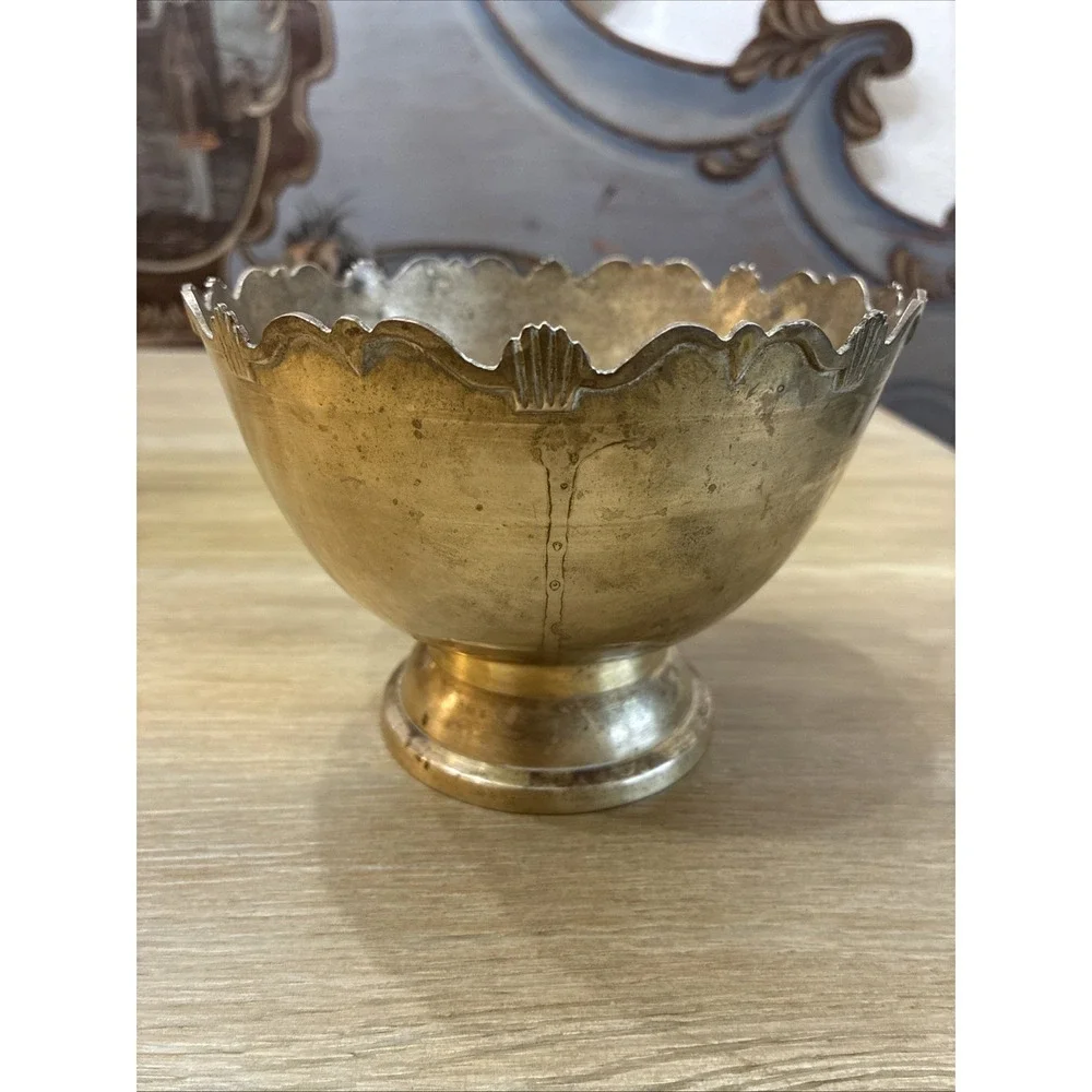 Solid Brass Bowl Scalloped Rim Pedestal Base VTG 6